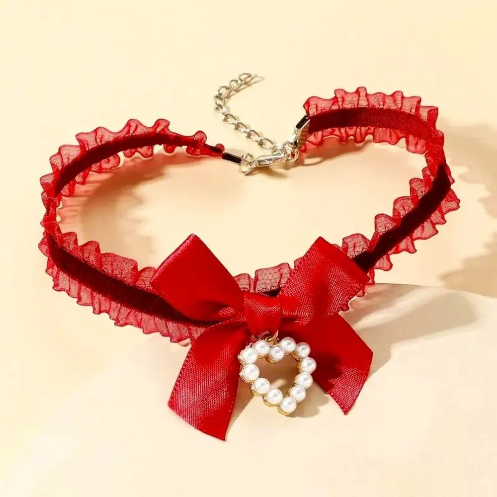 Choker Necklace Collar Lace Sexy Bow Pearl Heart Scene Rave Costume Glam Stylish